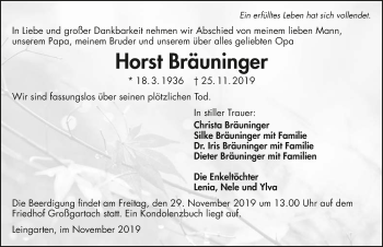 Traueranzeige von Horst Bräuninger 