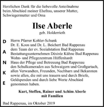 Traueranzeige von Ilse Aberle 