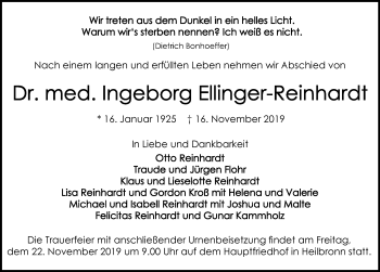 Traueranzeige von Ingeborg Ellinger-Reinhardt 