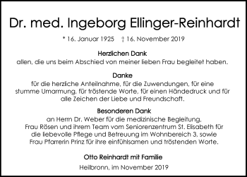 Traueranzeige von Ingeborg Ellinger-Reinhardt 