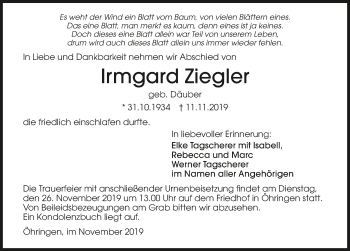 Traueranzeige von Irmgard Ziegler 