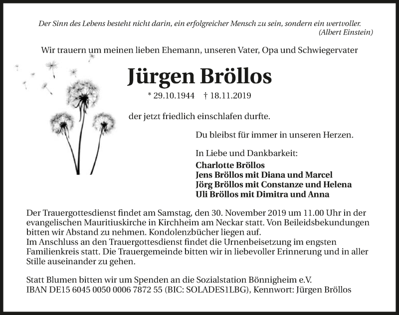  Traueranzeige für Jürgen Bröllos vom 22.11.2019 aus 
