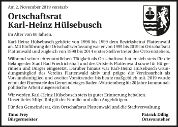 Traueranzeige von Karl-Heinz Hülsebusch 