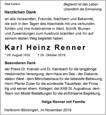 Traueranzeige von Karl-Heinz Renner 