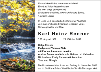 Traueranzeige von Karl-Heinz Renner 