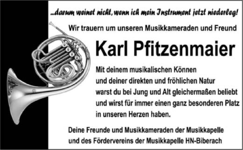  Traueranzeige für Karl Pfitzenmaier vom 20.11.2019 aus 