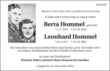 Traueranzeige von Leonhard Hommel 