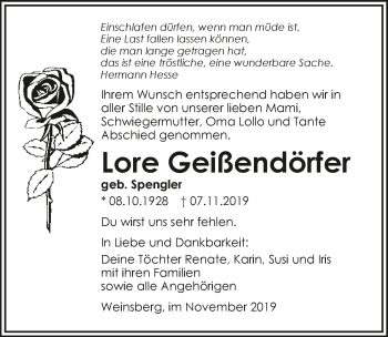 Traueranzeige von Lore Geißendörfer 