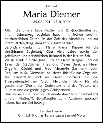 Traueranzeige von Maria Diemer 