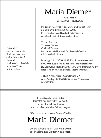 Traueranzeige von Maria Diemer 