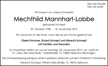 Traueranzeige von Mechthild Mannhart-Lobbe 