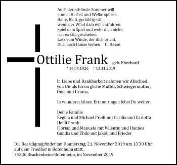 Traueranzeige von Ottilie Frank 