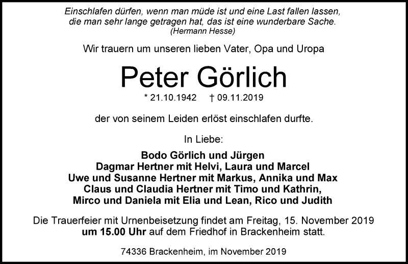  Traueranzeige für Peter Görlich vom 13.11.2019 aus 
