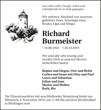 Traueranzeige von Richard Burmeister 