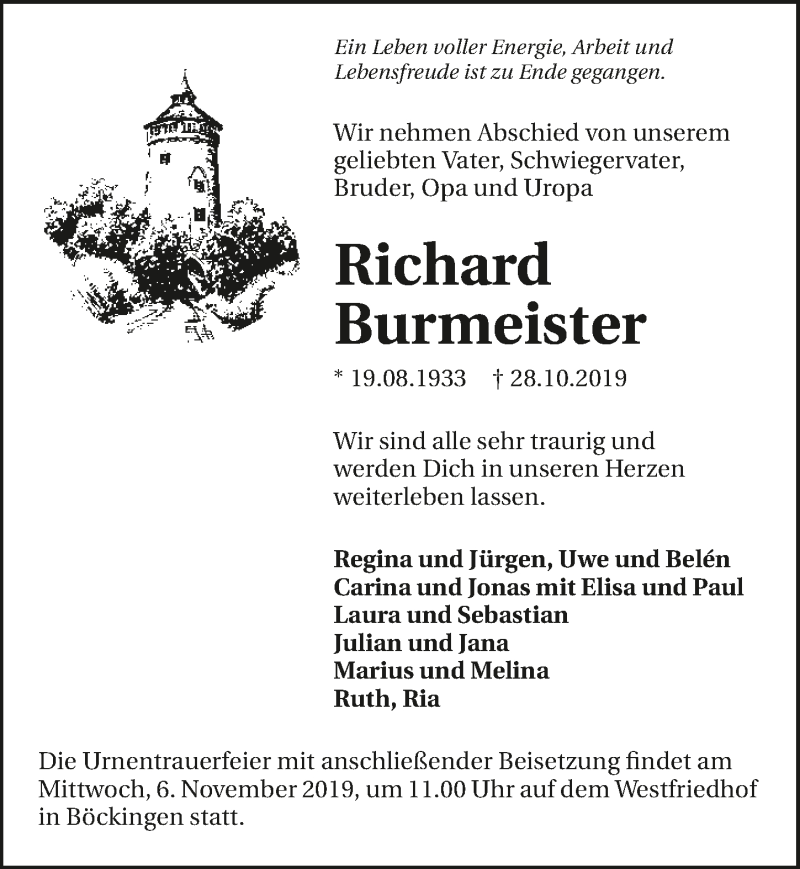  Traueranzeige für Richard Burmeister vom 02.11.2019 aus 