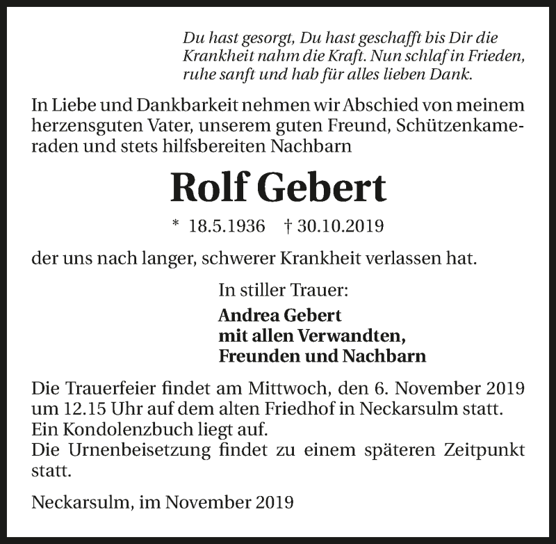  Traueranzeige für Rolf Gebert vom 05.11.2019 aus 