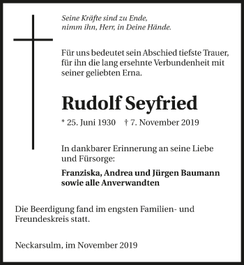 Traueranzeige von Rudolf Seyfried 