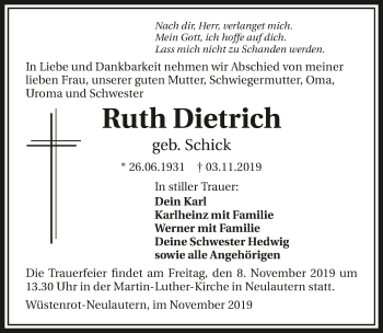 Traueranzeige von Ruth Dietrich 