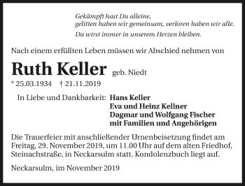 Traueranzeige von Ruth Keller 