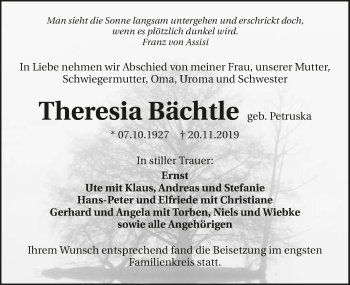 Traueranzeige von Theresia Bächtle 
