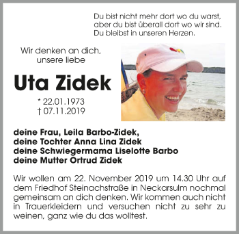 Traueranzeige von Uta Zidek 