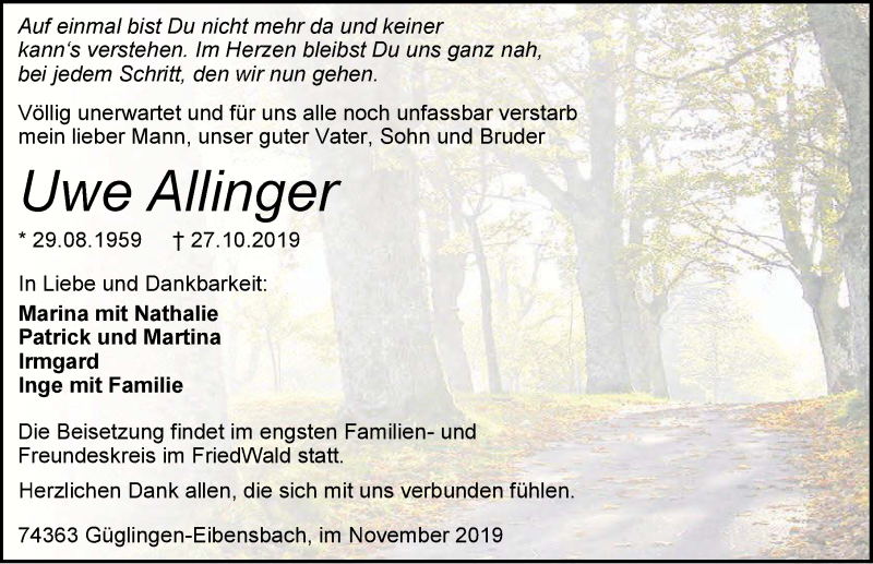  Traueranzeige für Uwe Allinger vom 02.11.2019 aus 