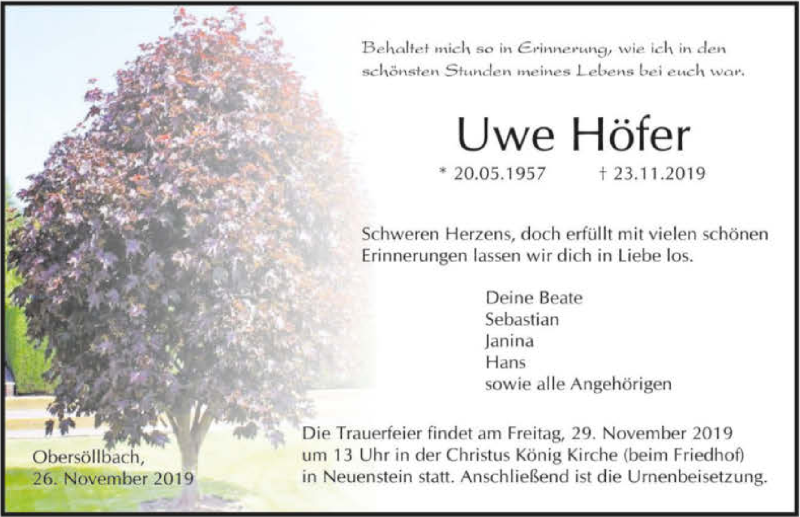  Traueranzeige für Uwe Höfer vom 26.11.2019 aus 