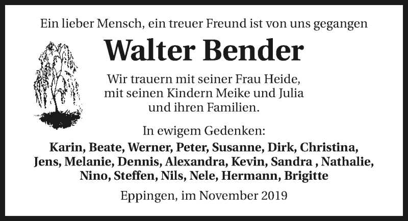  Traueranzeige für Walter Bender vom 22.11.2019 aus 