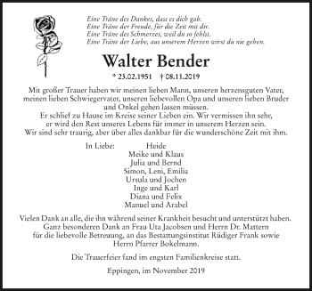 Traueranzeige von Walter Bender 