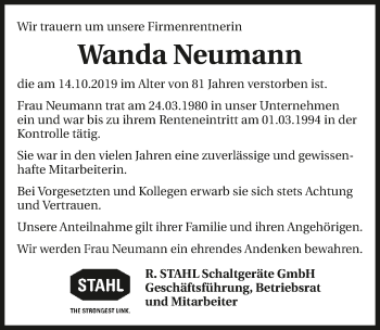 Traueranzeige von Wanda Neumann 