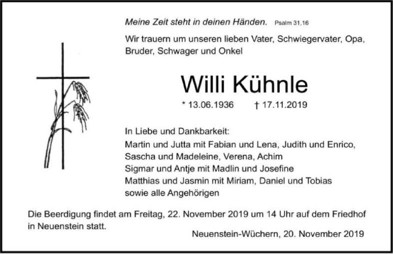  Traueranzeige für Willi Kühnle vom 20.11.2019 aus 
