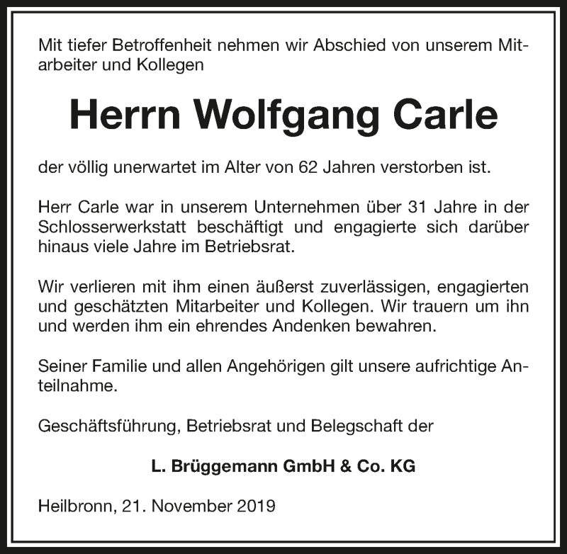  Traueranzeige für Wolfgang Carle vom 21.11.2019 aus 