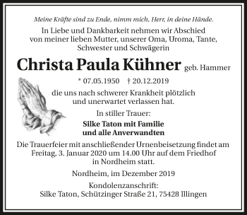 Traueranzeige von Christa Paula Kühner 