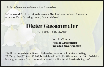 Traueranzeige von Dieter Gassenmaier 