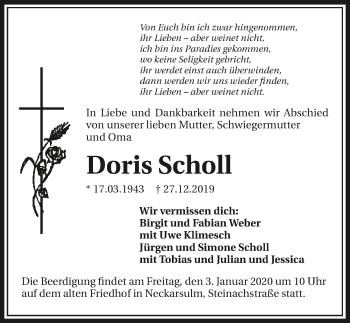 Traueranzeige von Doris Scholl 