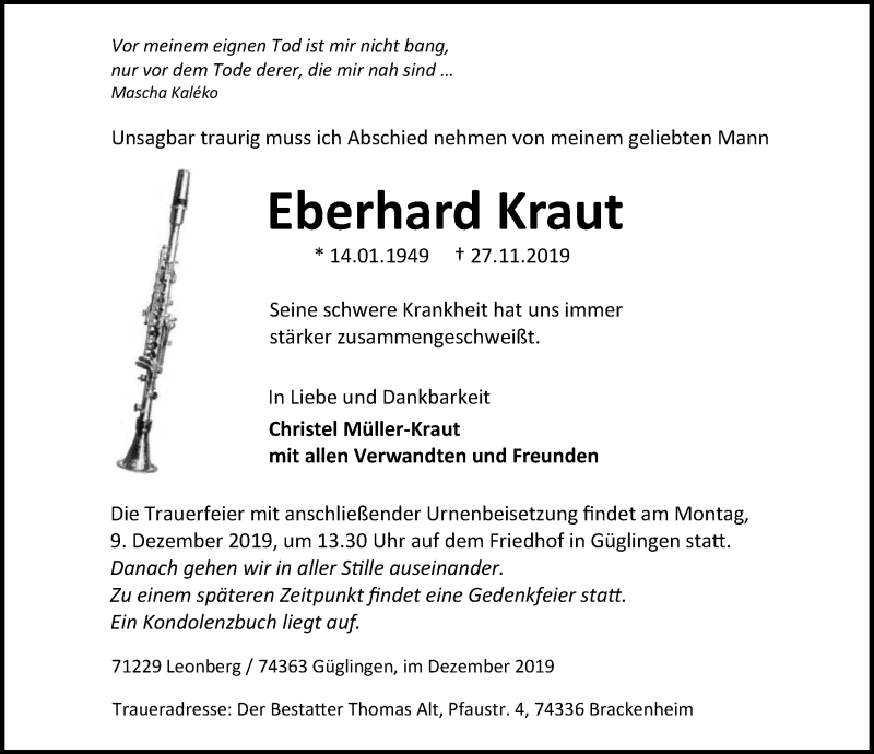  Traueranzeige für Eberhard Kraut vom 07.12.2019 aus 