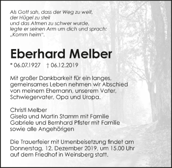 Traueranzeige von Eberhard Melber 