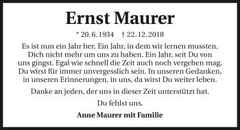 Traueranzeige von Ernst Maurer 
