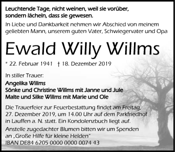 Traueranzeige von Ewald Willy Willms 