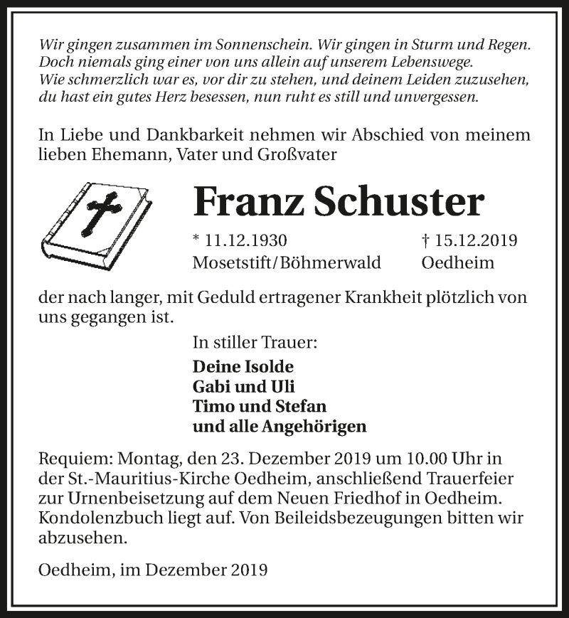  Traueranzeige für Franz Schuster vom 20.12.2019 aus 