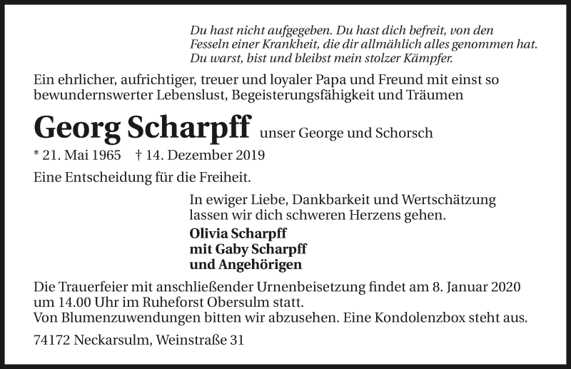  Traueranzeige für Georg Scharpff vom 28.12.2019 aus 