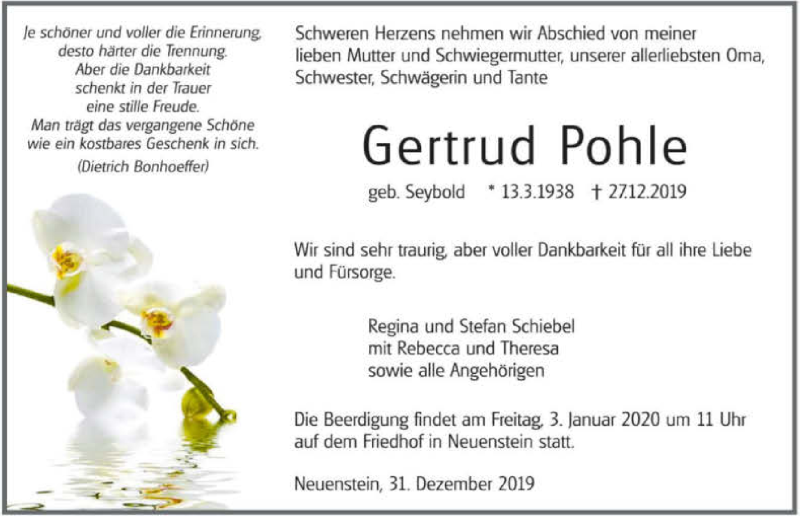 Traueranzeige für Gertrud Pohle vom 31.12.2019 aus 