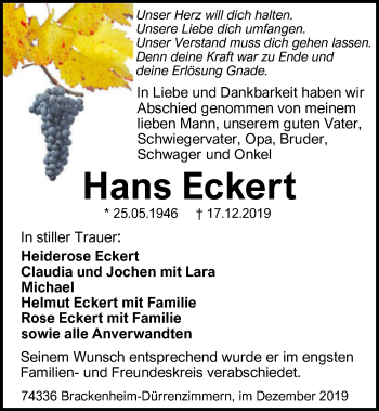 Traueranzeige von Hans Eckert 