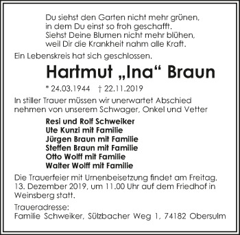 Traueranzeige von Hartmut Braun 