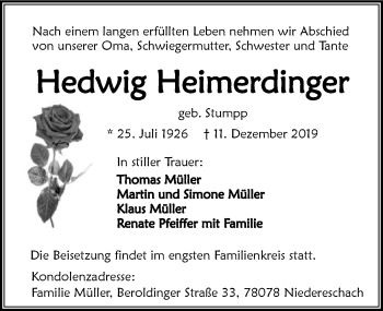 Traueranzeige von Hedwig Heimerdinger 