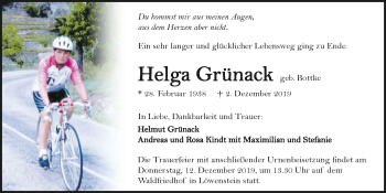 Traueranzeige von Helga Grünack 