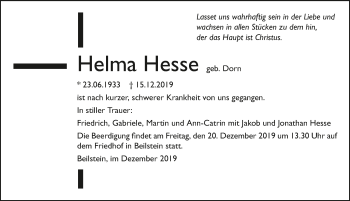 Traueranzeige von Helma Hesse 