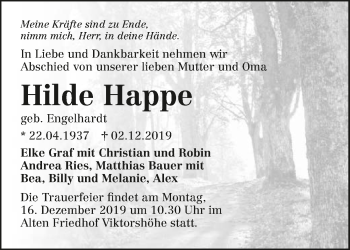 Traueranzeige von Hilde Happe 