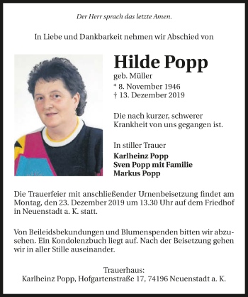 Traueranzeige von Hilde Popp 