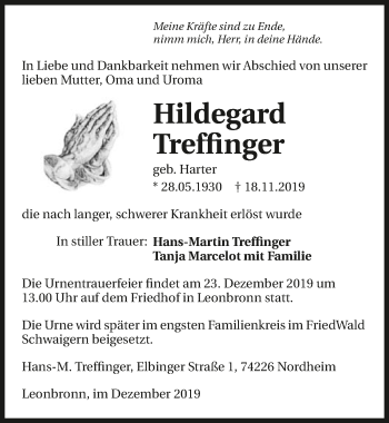 Traueranzeige von Hildegard Trefflinger 